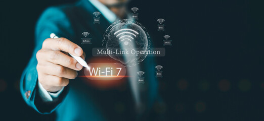 Wi-Fi 7 High-speed wireless Internet modern technology concept, Multi-Link Operation (MLO) wireless...