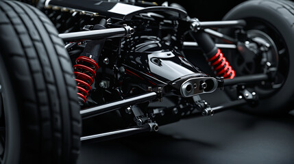 Closeup of race cars suspension system with tire, wheel, and rim details