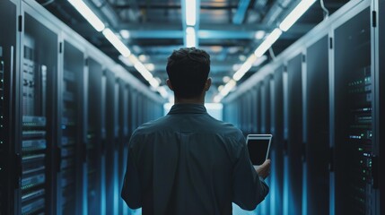 Fototapeta premium Technician holding a tablet in a data center, servers diagnostics
