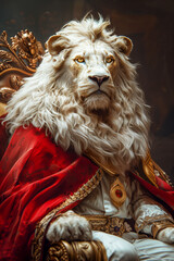 King lion portrait, white lion sitting on a throne, anthropomorphic character	