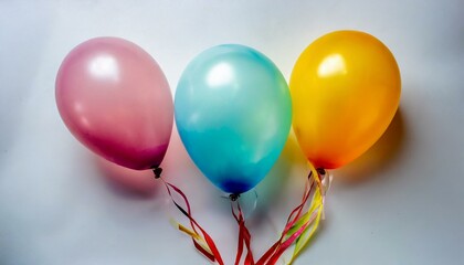 The image features a white background adorned with three balloons of varied colors