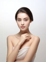 Portrait of a young woman with natural makeup and natural styling.Cosmetology,beauty and Spa Happy beautiful girl holding her cheeks with a laugh looking to the side.Pretty woman clean fresh skin.