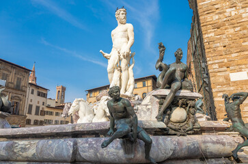 Florence, Italy - Neptune Fountain. Marble sculpture, Renaissance masterpiece, naked Poseidon