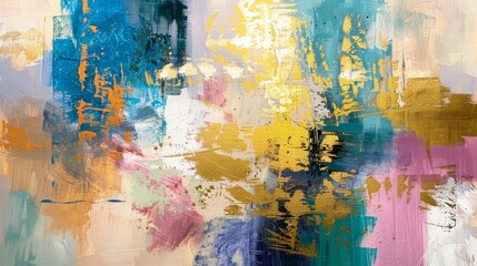 Fototapeta premium abstract oil painting, a mural, modern artwork, painted spots, paint strokes, and golden elements 