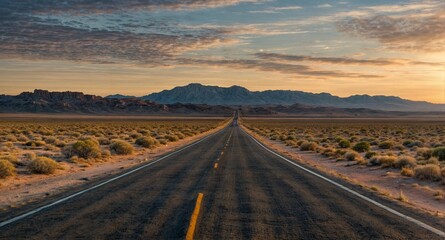 Naklejka premium An open road through an empty rocky desert at sunrise, like a call to travel, to explore, to escape a journey through the difficulties and trials of life, towards the unknown, adventure and freedom 