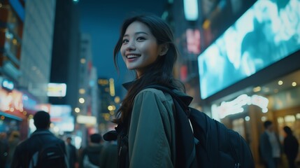 Young Asian woman holding her camera in front of the street with neon lights and buildings while looking back at camera smiling, in the city of tokyo.