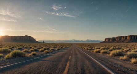 Fototapeta na wymiar An open road through an empty rocky desert at sunrise, like a call to travel, to explore, to escape a journey through the difficulties and trials of life, towards the unknown, adventure and freedom 