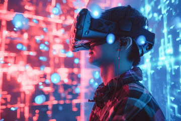 A virtual reality game developer inside their own game world, creating and manipulating virtual elements with holographic interfaces.