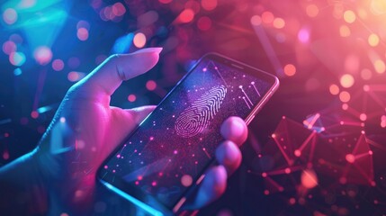 Biometric security network, privacy data protection. Woman fingerprint identification on mobile phone to access personal financial data