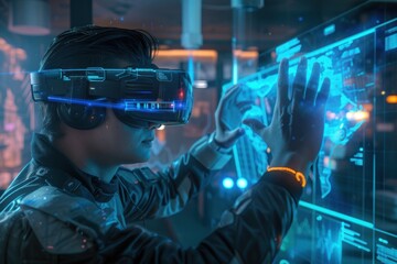 A virtual reality game developer inside their own game world, creating and manipulating virtual elements with holographic interfaces.