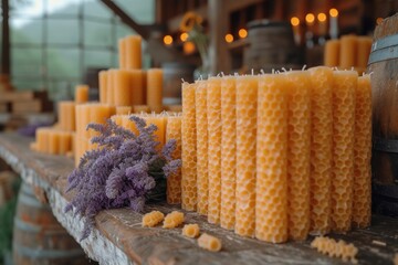 Beekeeping craftsmanship: The delicate art of hand-rolling beeswax candles in a rustic workshop setting