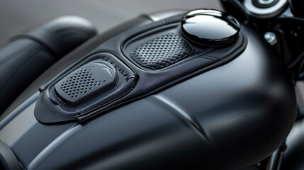 Close up of grey motorcycle tank with electric blue speaker