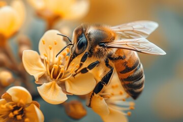 Fototapeta premium Busy bees at work: A mesmerizing display of honeybees gathering pollen against a backdrop of blossoming fruit trees