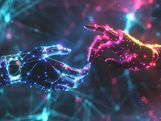 Hands of robot touching big data of global network connection. Science and artificial intelligence digital technologies of futuristic 