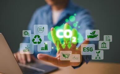 ESG environment social governance concept. Man use computer analyze ESG icon. Green environmental business finance strategy concept. ECO corporate company report, sustainable business investment