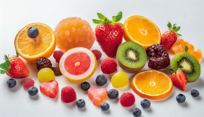 Various high-definition foods like vibrant fruits or candies set against a clean white background