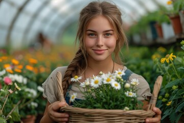Girl florist in a greenhouse with a basket picking flowers