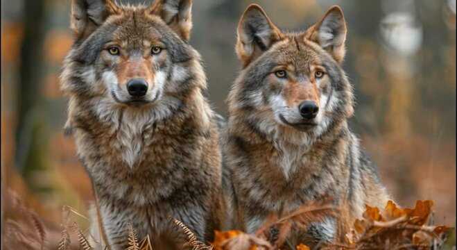 a pair of wolves in the forest footage