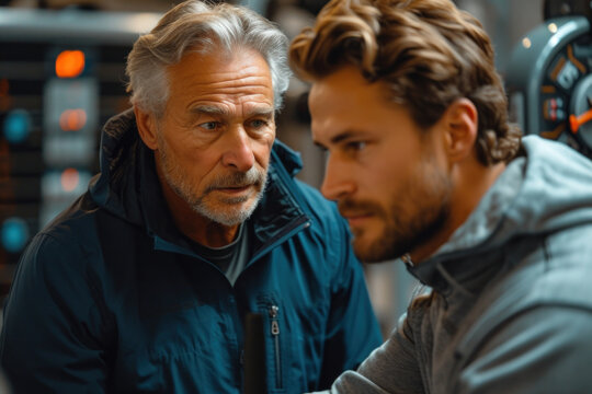 Experienced recovery expert assisting man working out on exercise machine in gym of kinesio center