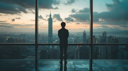 Naklejka premium Silhouetted Man Contemplating City Skyline in Taipei