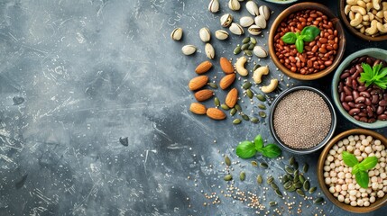 Obraz na płótnie Canvas Vegan food with nuts, beans, greens and seeds.