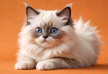A beautiful young purebred Ragdoll kitten sits on an orange background.