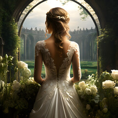 Bride in a wedding dress in the garden with flowers