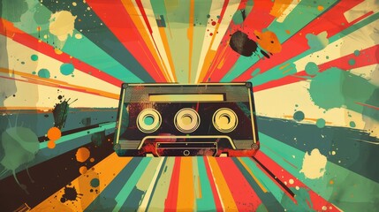 Retro music cassette tape with abstract colorful background