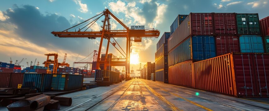 crane loading cargo container import container ship in the international terminal logistic sea port concept freight shipping by ship, Truck running in port