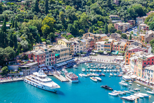 Portofino, Italy - scenic panorama with sea and luxury yacht. Italy travel destionation