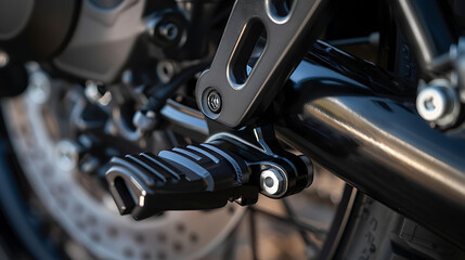 Closeup view of a motorcycles brake disc and foot pegs