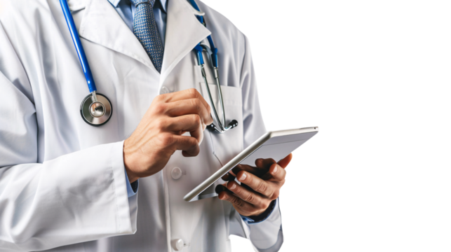 Healthcare Professional Examining Patient with Stethoscope and Clipboard in a Medical Setting