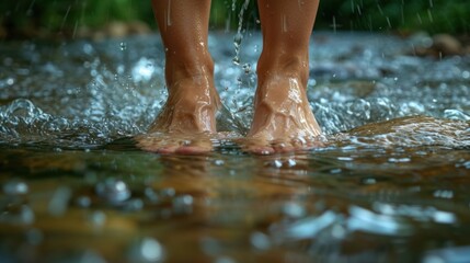 Bare feet dipped in a refreshing and rejuvenating stream, cooled by clear, bubbling water and raindrops falling, seeking rest from a hiking adventure on a hot summer day
