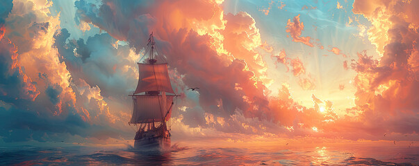 Ship navigating into the sunset. 