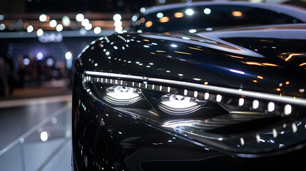 A closeup of headlamps on a car at night illuminating the grille and hood