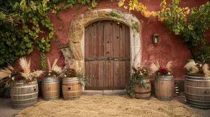 Tuinposter Tuscan red and straw gold rustic vineyard theme © furyon