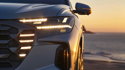 Close up of a cars headlights on the beach at sunset