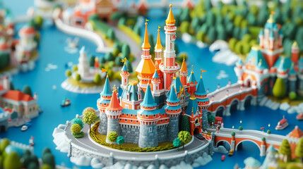 Vibrant 3D isometric view of a fantasy castle with a magical kingdom landscape and colorful details