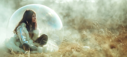 Poster with a young woman withdrawn into a bubble, sitting on a spring field, the problem of seasonal allergies and hay fever - obrazy, fototapety, plakaty