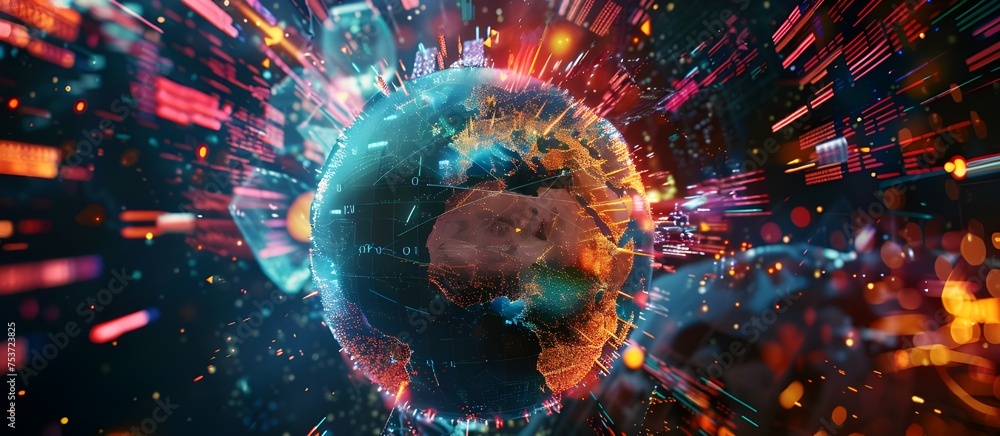Poster global network and connectivity on earth, high speed data transfer. cyber technology information exc