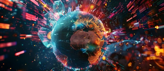 Global network and connectivity on Earth, high speed data transfer. cyber technology information exchange and international telecommunication. Digital world globe. - obrazy, fototapety, plakaty