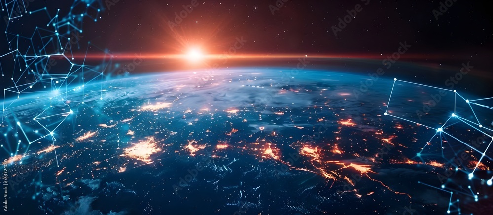 Aufkleber Connection Lines Around Earths Surface, Future Technology Concept. Global network and data exchanges over the planet Earth Background.