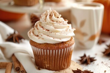 A festive pumpkin spice latte cupcake with cream cheese frosting