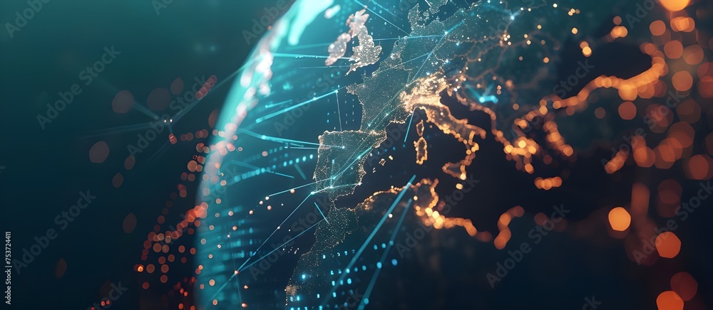 Poster Mapping future. Abstract globe network. Tech savvy world. Modern digital connectivity. Blue horizon of connections. Global net illustration background.