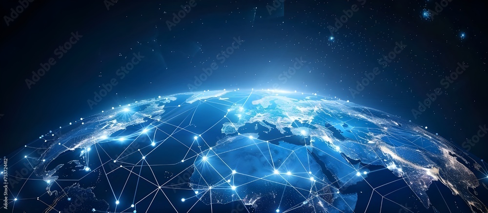 Aufkleber Global network and data exchanges over the planet Earth Background. Communication technology global world network concept.