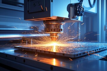 Industrial precision CNC laser cuts metal with advanced technology - obrazy, fototapety, plakaty