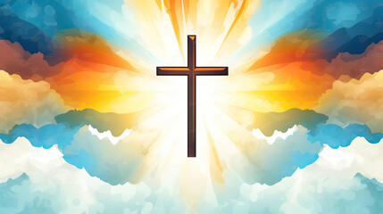 Fototapeta na wymiar Cross in the Sky. Dramatic Sunrise Watercolor Illustration art Christian Background. God's Beliefs, Faith, Religion, and the Symbolism of Jesus Christ