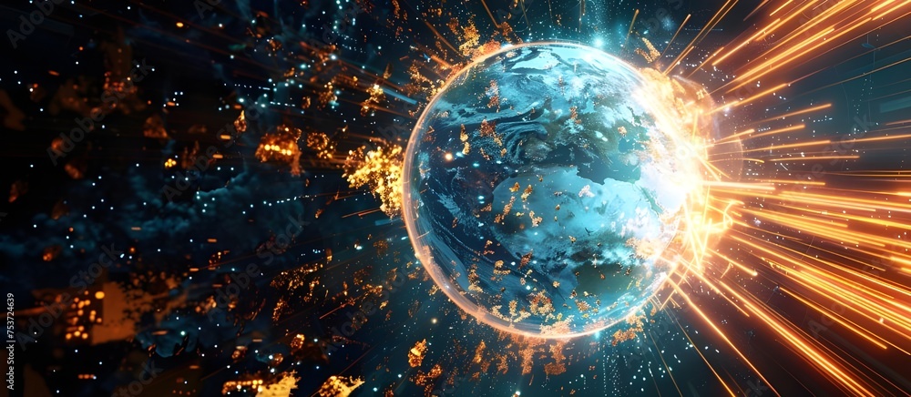 Poster Digital world globe centered, concept of global network and connectivity on Earth, high speed data transfer and cyber technology.