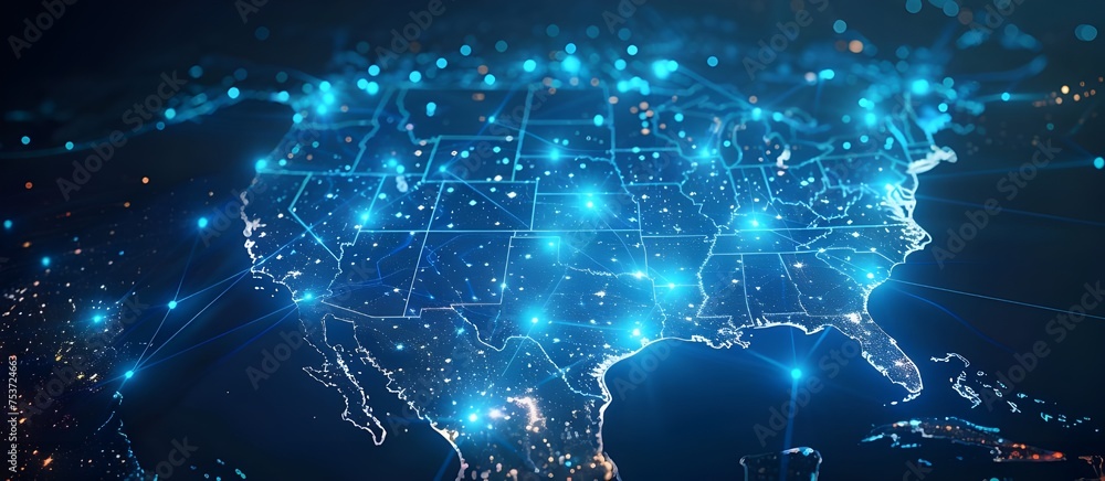 Poster blue digital network covering globe with light connections. data transfer and cyber technology, info