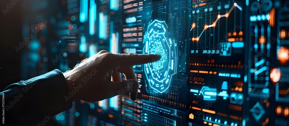 Leinwandbilder cyber security and internet security online, a businessman touching fingerprint identification to ac